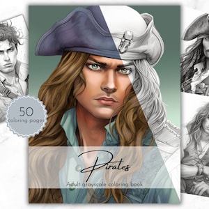 Pirates Coloring Pages; adults and kids coloring book - instant download - 50 grayscale coloring pages, Printable PDF file