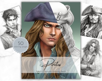 Pirati da colorare; Libro da colorare per adulti e bambini - download istantaneo - 50 pagine da colorare in scala di grigi, file PDF stampabile