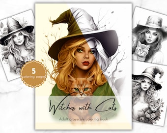 Może przedstawiać: Okładka książki do kolorowania z pięcioma ilustracjami czarownic z kotami w odcieniach szarości. Tekst na okładce brzmi "Witches with Cats" i "Adult grayscale coloring book".