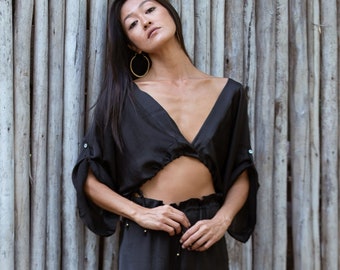 Black Crop Top/ Crop Top/ V-neck Crop Top/ Satin Boho Top/ Black Crop Top/Boho Women Top/ Boho Crop Top