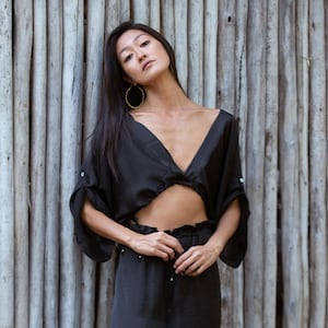 Black Crop Top/ Crop Top/ V-neck Crop Top/ Satin Boho Top/ Black Crop Top/Boho Women Top/ Boho Crop Top