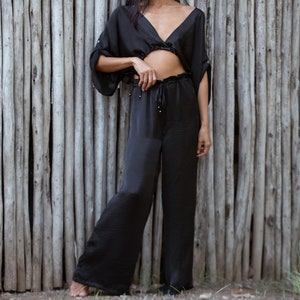 Black Palazzo Pants/ Black Satin Palazzo Pants/ Wide Leg Pants/ High Waist Palazzo Pants/ Boho Pants/ Loose Pants/ Satin Pants