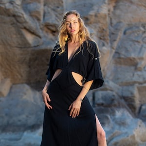 Black Cut Out Long Dress/ Black Long Dress/ Organic Cotton Dress/ Long Kaftan/ Boho Long Dress/ Black Long Dress