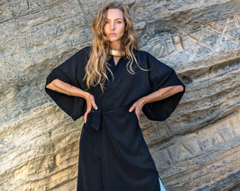 Kimono negro / Kimono largo negro / Kimono de satén negro / Vestido largo negro / Kaftan largo / Kimono boho / Vestido boho