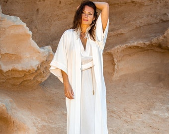 Off White Kimono/ White Long Kimono/ White Satin Kimono/ White Long Dress/ Long Kaftan/ Boho Kimono/Boho Dress