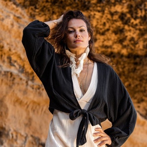 White and Black Sun Print Organic Wrap Top, Fair Trade, Eco White and Black Sun Print Organic Wrap Top, Fair Trade, Eco