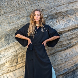 Black Kimono/ Black Long Kimono/ Black Satin Kimono/ Black Long Dress/ Long Kaftan/ Boho Kimono/Boho Dress