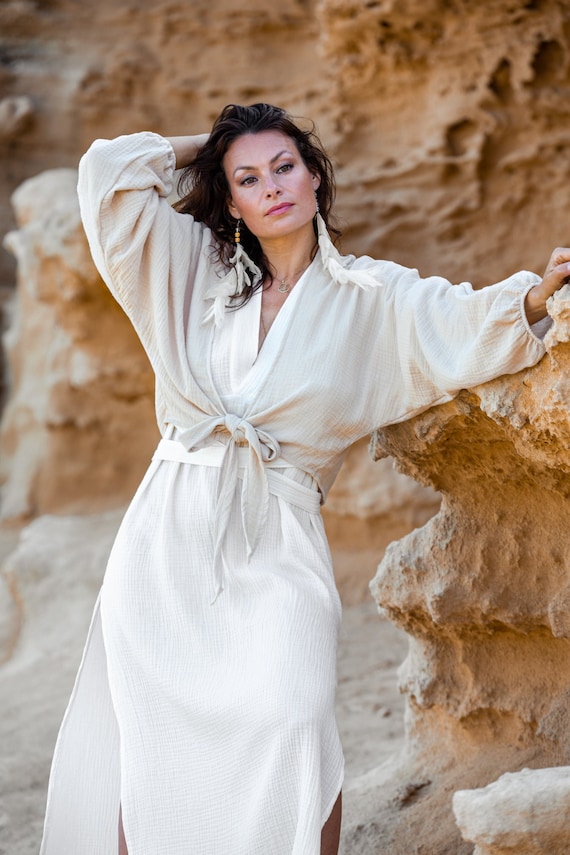 Organic Cotton Wrap Top/ Beige Boho Wrap Top/ Long Sleeve