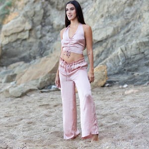 Pink Palazzo Pants/ Pink Satin Palazzo Pants/ Wide Leg Pants/ High Waist Palazzo Pants/ Boho Pants/ Loose Pants/ Satin Pants