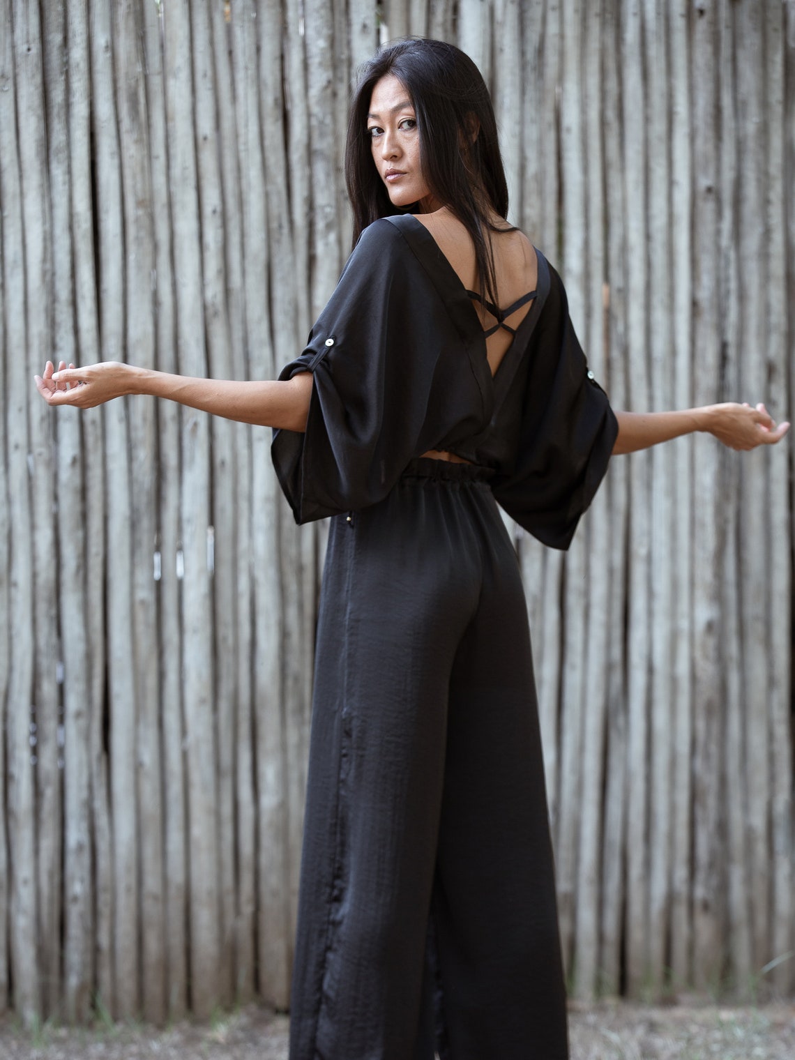 Stretch Panne Palazzo Pant - Black