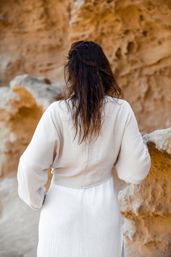 Organic Cotton Wrap Top/ Beige Boho Wrap Top/ Long Sleeve