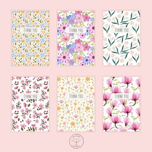 Lot de 6 cartes de remerciement | Lot de cartes de remerciement florales A6 | Carte de remerciement illustrée | Cartes florales | Lot de cartes de remerciement | Cartes de notes