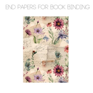 May include: A vintage floral pattern with faded handwritten text on a cream background. The pattern features purple, pink, and blue flowers with green leaves.