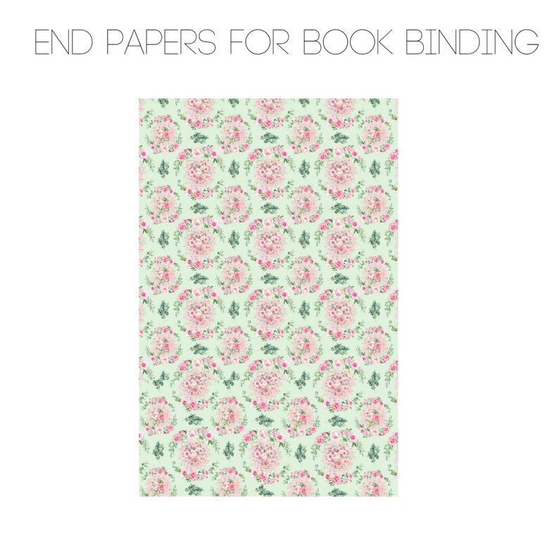 May include: A green and pink floral pattern with pink roses and green leaves. The pattern is repeated throughout the image. This pattern is suitable for bookbinding endpapers.
