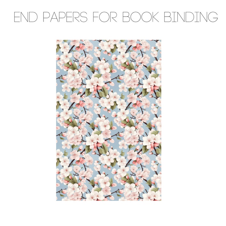 May include: A seamless pattern of pink and white cherry blossoms on a light blue background. This pattern is perfect for bookbinding endpapers.