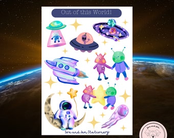 Hoja de pegatinas de extraterrestres hechas a mano: pegatinas de planificador OVNI