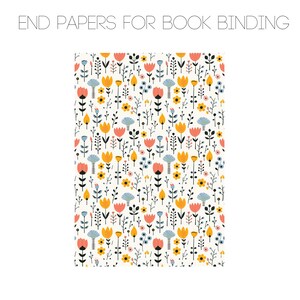 May include: A seamless pattern of colorful flowers and leaves on a white background. The flowers are in shades of yellow, orange, and pink, and the leaves are in shades of green and blue. This pattern is perfect for bookbinding endpapers.