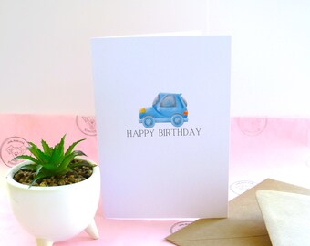 Tarjeta de cumpleaños ilustrada de coche (5x7) con sobre Kraft