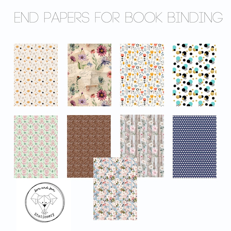 May include: A collection of 9 different patterned papers for bookbinding. The patterns include floral, geometric, and abstract designs in various colors, including blue, green, brown, white, and yellow.
