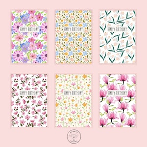 Lot de 6 cartes joyeux anniversaire | Lot de cartes florales d'anniversaire 5 x 7 ans | Carte d'anniversaire illustrée | Cartes florales | Lot de cartes d'anniversaire