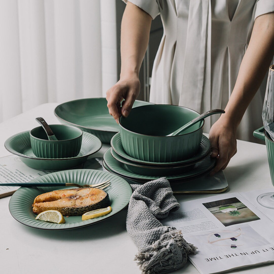Earthy Green Tableware Set Warm and Rustic Dinnerware for Modern