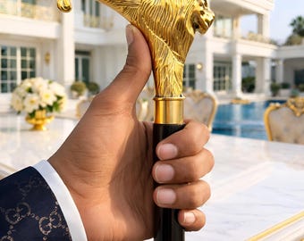 Lion Head Walking Cane - Gold Brass Handle, Personalized Handmade Wooden Stick