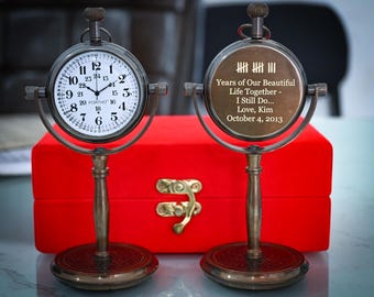 Personalized 13th anniversary gift desk clock, Traditional brass table clock, Perfect 13 years anniversary gift for husband & wife