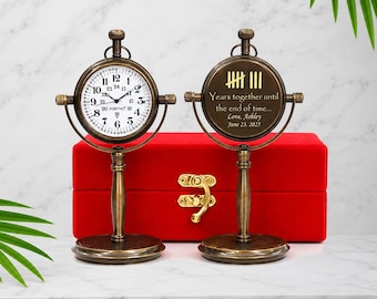 Bronze Desk Clock, Engraved 8th Anniversary Gift, Personalized Office Gifts for Husband