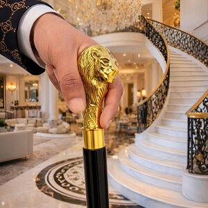 Lion Head Walking Cane - Gold Brass Handle, Handmade Wooden Stick