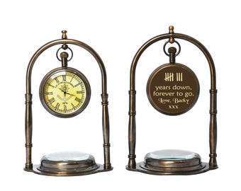 Bronze Desk Clock With Compass, Personalized 8th Wedding Anniversary Gift for Husband