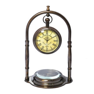 Personalized desk clock with compass, Engraved anniversary gift, Antique table clock gift, Traditional keepsake, Retirement gift for husband