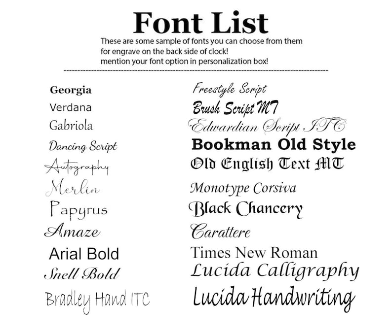 K&ouml;nnte beinhalten: Eine Liste von Schriftarten, aus denen Sie f&uuml;r die Gravur auf einer Uhr w&auml;hlen k&ouml;nnen. Die Schriftarten sind in zwei Spalten aufgelistet. Die Schriftarten umfassen Georgia, Verdana, Gabriola, Dancing Script, Autography, Merlin, Papyrus, Amaze, Arial Bold, Snell Bold, Bradley Hand ITC, Freestyle Script, Brush Script MT, Edwardian Script ITC, Bookman Old Style, Old English Text MT, Monotype Corsiva, Black Chancery, Carattere, Times New Roman, Lucida Calligraphy und Lucida Handwriting.