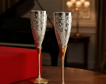 Personalized Silver & Gold Champagne Goblets, Engraved Floral Flutes Set of 2 with Gift Box, Luxury Wedding Toast, Anniversary, Couples Gift