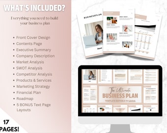 Mall för liten affärsplan, RoseGold Boho Business Planner-förslag, affärsarbetsbok, affärsplananalys, REDIGERING i CANVA, 2