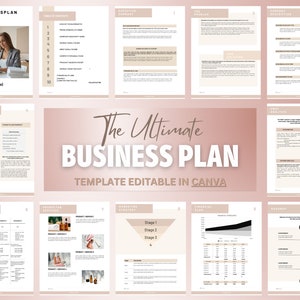 Puede incluir: Una plantilla de plan de negocios rosa y blanca con el texto "The Ultimate Business Plan" y "Template Editable in Canva".