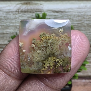 May include: A square-cut gemstone with a translucent, clear base. The stone features a landscape of moss-like inclusions in shades of green and yellow, with hints of peach and white. The gemstone is held in a hand.