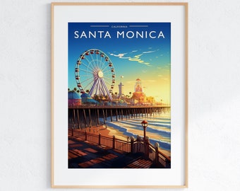 Impresión artística del muelle de Santa Mónica, póster turístico de California (descarga digital)