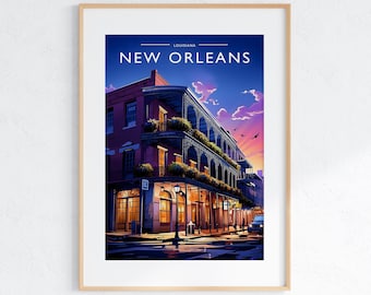 May include: A colorful illustration of a street scene in New Orleans, Louisiana. The image features a building with a balcony and wrought iron railings, a street lamp, and a car. The sky is a vibrant purple and orange.