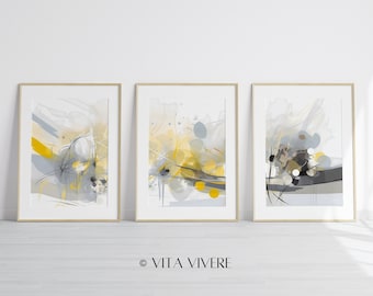 Bright Yellow Warm Grey Art 3 Piece Set Of 3 Wall Arts Mustard Yellow Grey Wall Art Yellow Abstract Art Funky Wall Art For Living Rooms Set