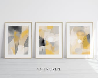 Mustard Yellow Warm Grey Art Decor Set Of 3 Piece Art Set Yellow Grey Wall Art Hallway Art Mustard Yellow Abstract Art Unique Art Print Set