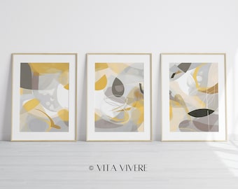 Ochre Yellow Gray Abstract Art, 3 Piece Set (Digital Download)