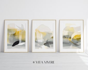 Yellow Gray Abstract Wall Art, Set of 3 Prints (Digital Download)