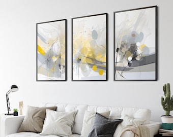 Yellow Gray Abstract Wall Art, 3 Piece Set (Digital Download)