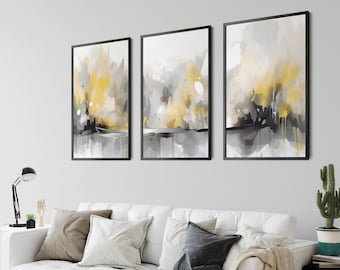 Yellow Gray Abstract Art Print Set, Modern Wall Decor (Digital Download)