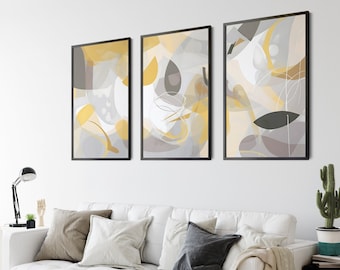 Ochre Grey Abstract Art Prints, Set of 3 (Digital Download)