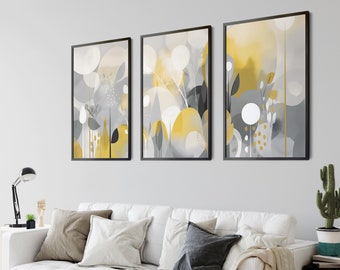 Láminas abstractas en amarillo y gris, conjunto de arte bohemio para pared (descarga digital)
