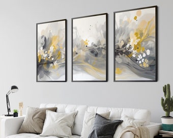 Yellow Gray Abstract Art Print Set, Modern Floral Triptych (Digital Download)