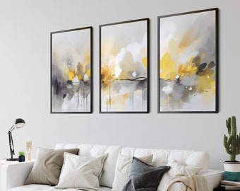 Láminas de arte abstracto en amarillo y gris, juego de decoración de pared de 3 piezas (descarga digital)