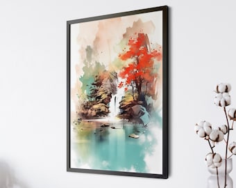 以下が含まれることがあります： 岩の崖を流れ落ちる滝を描いた水彩画。周囲には緑豊かな木々と鮮やかな赤い木が茂っています。水は静かな青色で、周りの植物を映し出しています。