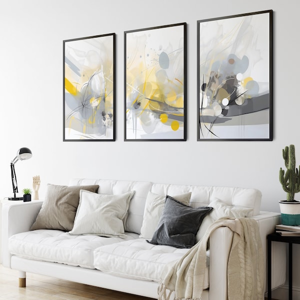 Conjunto de 3 piezas de arte de pared de color amarillo suave y gris pálido Conjunto de decoración de arte abstracto amarillo mostaza de 3 piezas Arte de pared 3 piezas Póster Salón Conjunto de arte de pared